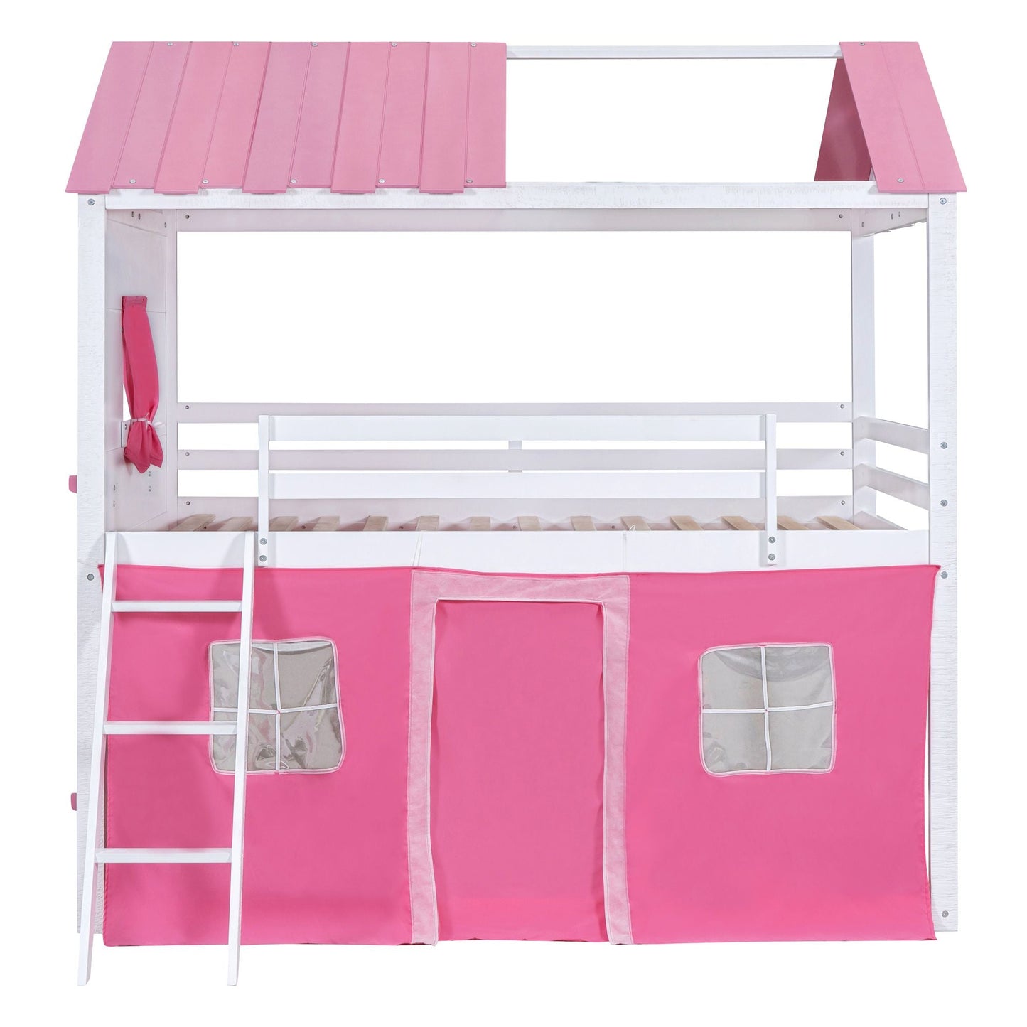 House-Style Full Wood Bunk Bed with Windows, Sills and Tent, Pink and White | Just Better Bunk Beds
