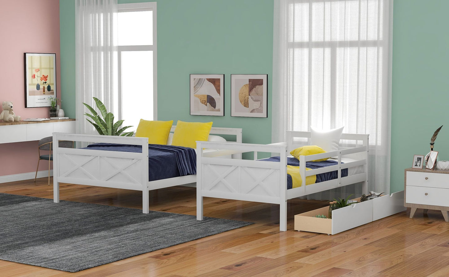 Kids Bedroom Twin Over Full Wood Bunk Bed with Ladder, Two Storage Drawers and Safety Guardrail, White | Just Better Bunk Beds
