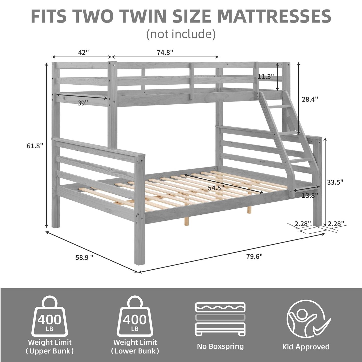 Durable Twin Over Full Wood Bunk Bed with Thick Posts, High Guardrail, Ladder, Gray | Just Better Bunk Beds