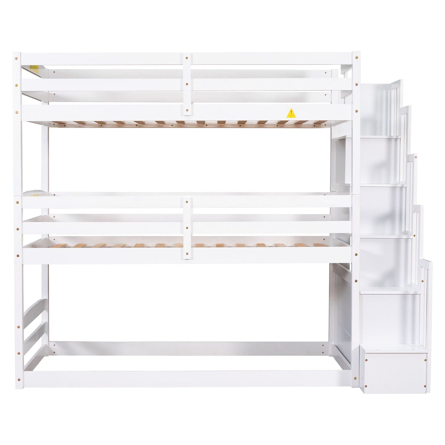 Shared Room Solution Twin Triple Wood Bunk Bed with Storage Staircase, White | Just Better Bunk Beds