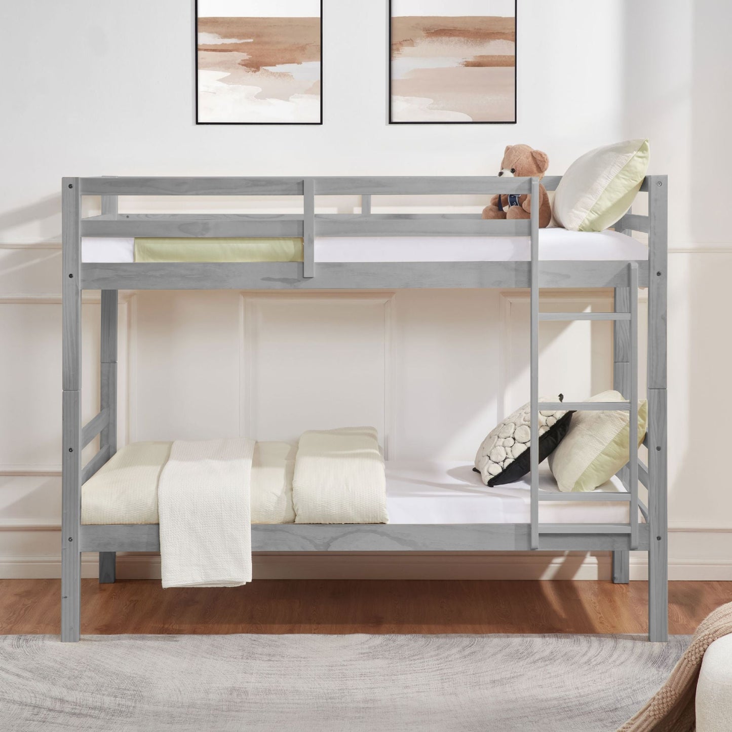 Heavy-Duty Twin Over Twin Wood Bunk Bed, Gray with Thick Posts, Ladder, and High Guardrail | Just Better Bunk Beds