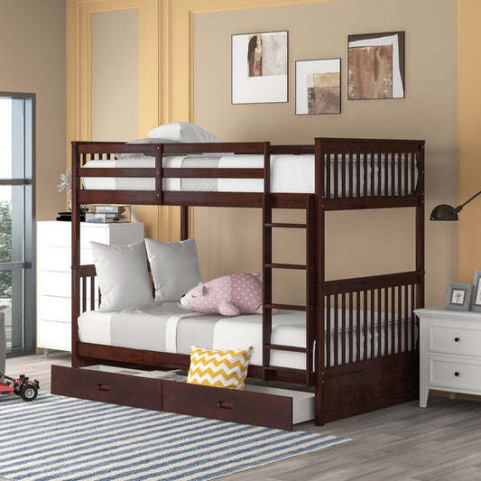 Storage Twin Over Twin Wood Bunk Bed with Ladders and Two Drawers, Espresso | Just Better Bunk Beds