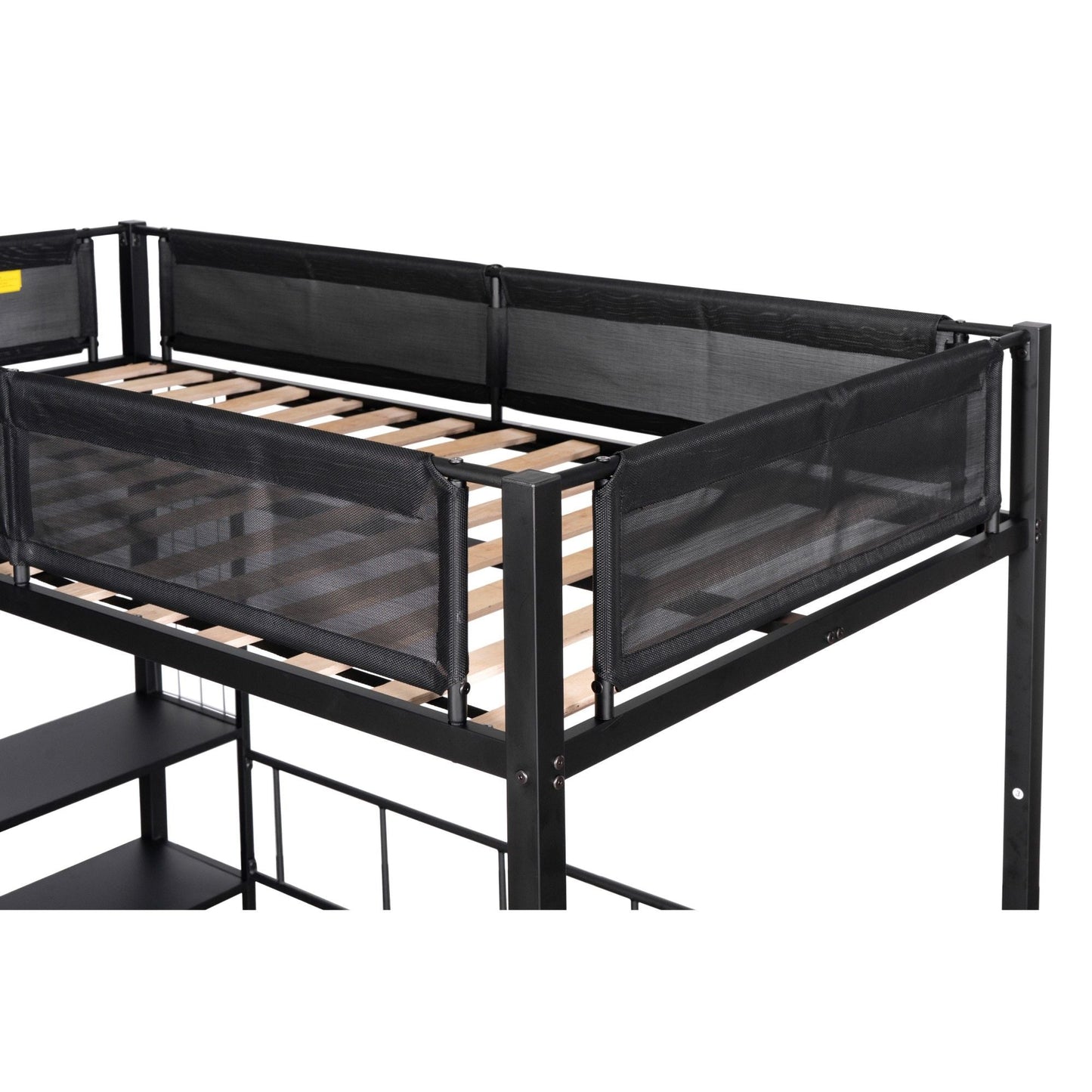 Heavy-Duty Twin Over Full Metal and Wood Bunk Bed with Shelves, Grid Panel, and Noise-Free Wood Slats, Black | Just Better Bunk Beds