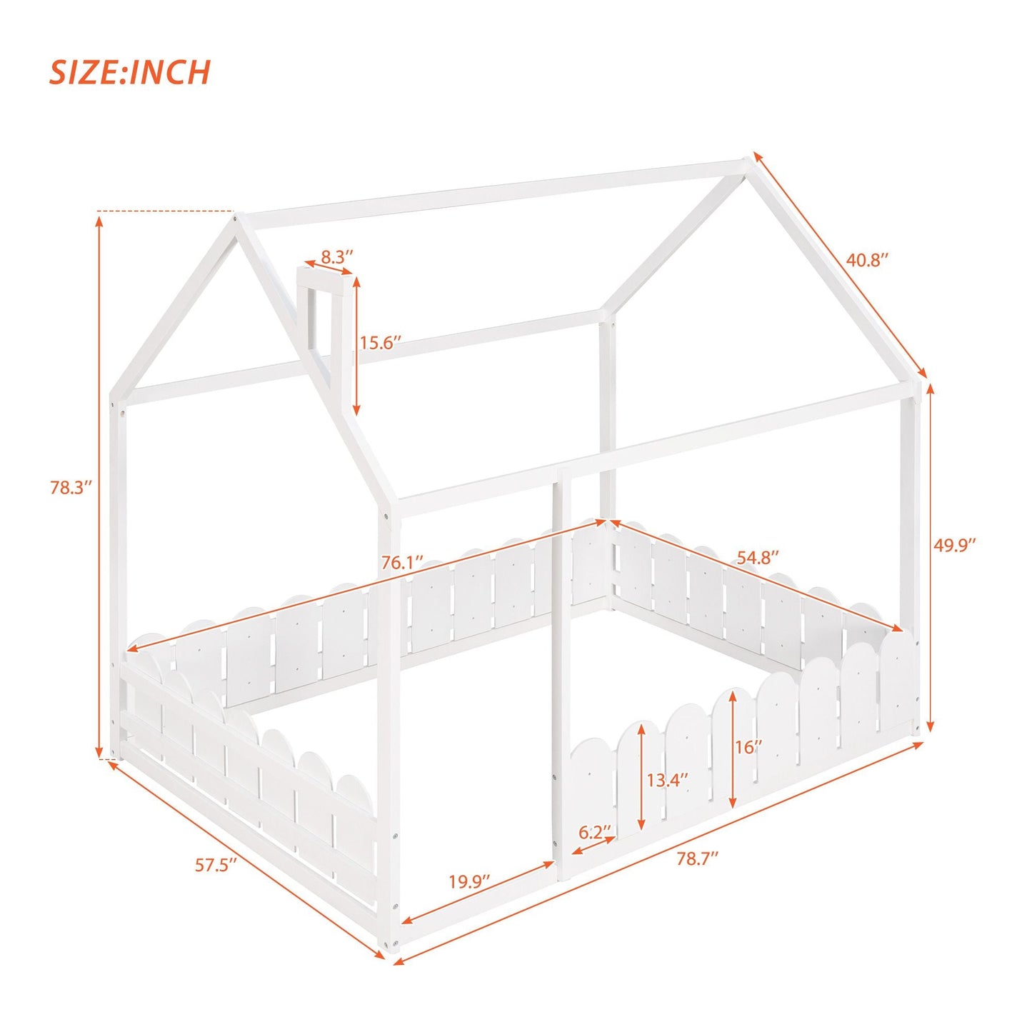 Kids Bedroom Full Wood Bed Frame with Protective Fence, White | Just Better Bunk Beds