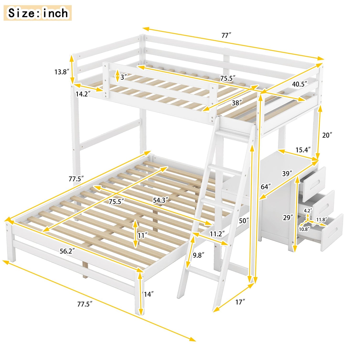 Kids Bedroom Twin Over Full Wood Bunk Bed with Built-in Desk and Three Drawers, White | Just Better Bunk Beds