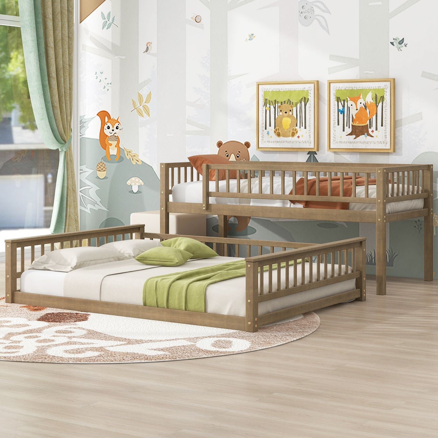 Shared Room Solution Twin XL Over Queen Wood Bunk Bed, Walnut | Just Better Bunk Beds
