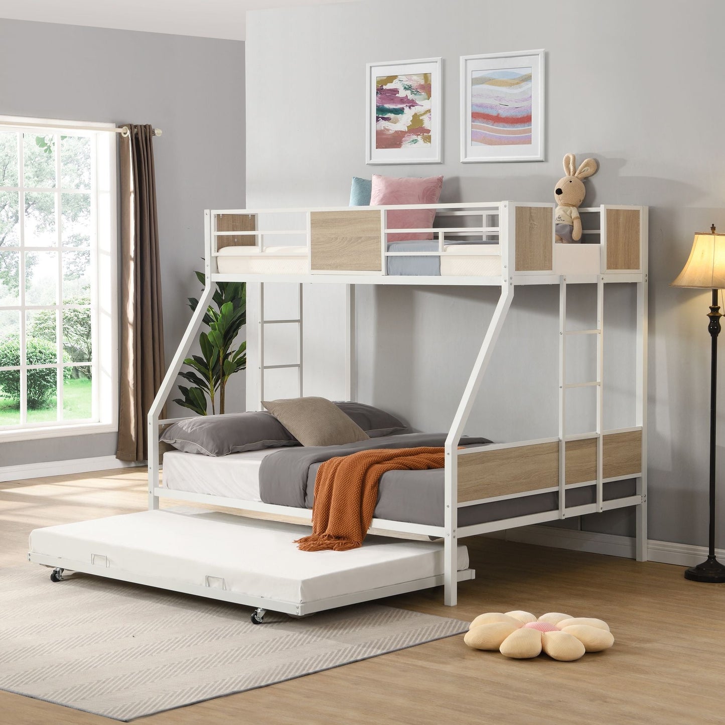 Twin Over FULL Metal Bunk Bed with Trundle 2 - Side Ladder and Full-Length Guardrail,  No Box Spring Needed,  Large Under Bed Storage,  Easy Assemble