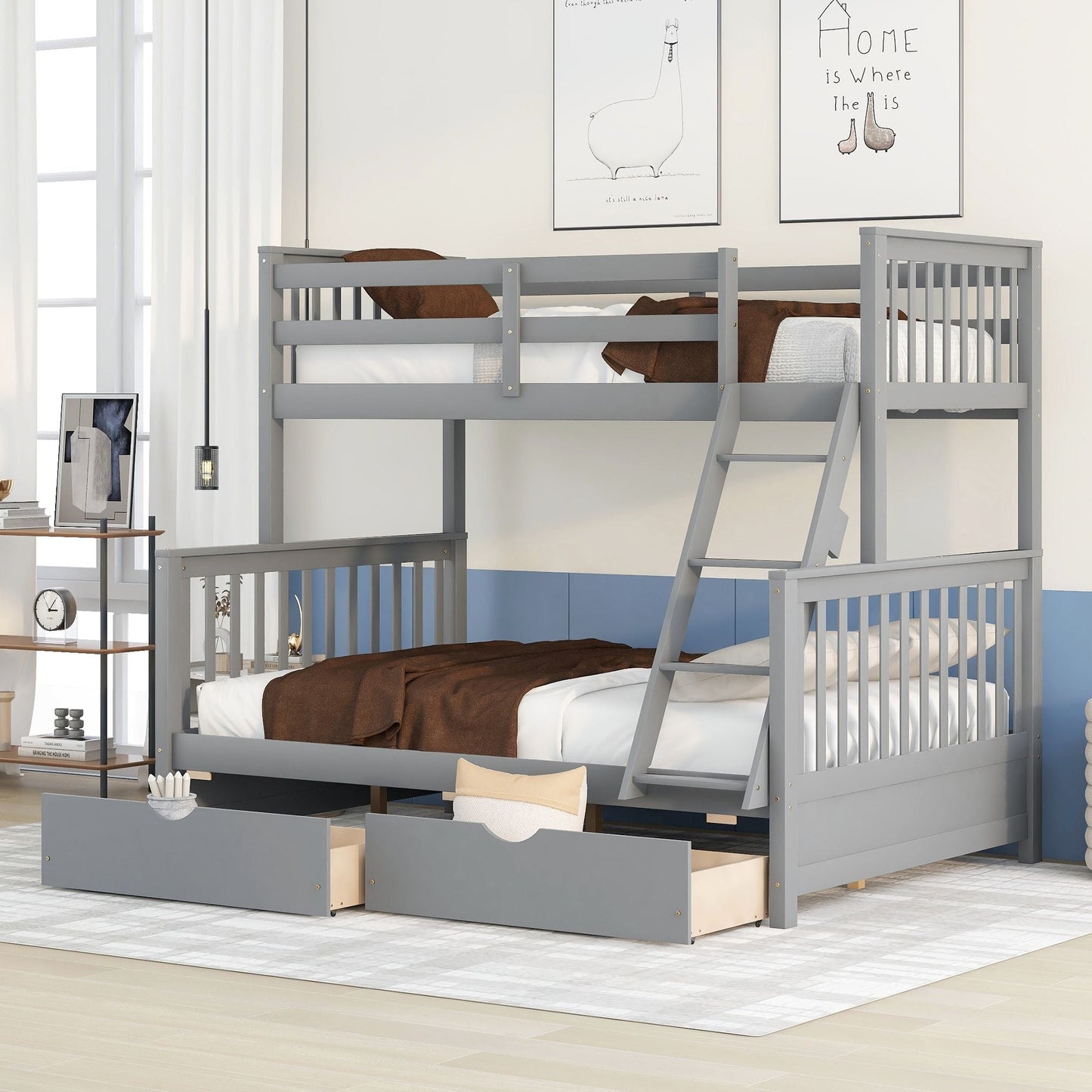 Kids Bedroom Twin Over Full Wood Bunk Bed with Ladders and Storage Drawers, Gray | Just Better Bunk Beds