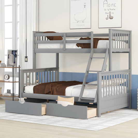 Kids Bedroom Twin Over Full Wood Bunk Bed with Ladders and Storage Drawers, Gray | Just Better Bunk Beds