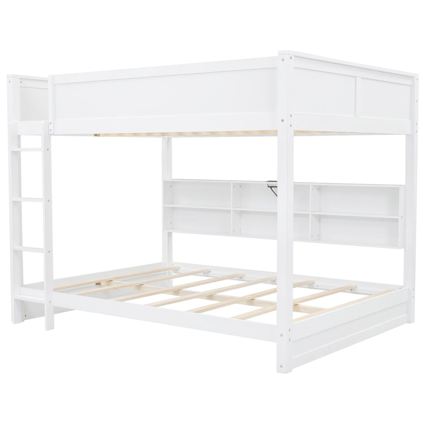Shared Room Solution Queen Over Queen Wood Bunk Bed with Storage and USB Ports, White | Just Better Bunk Beds