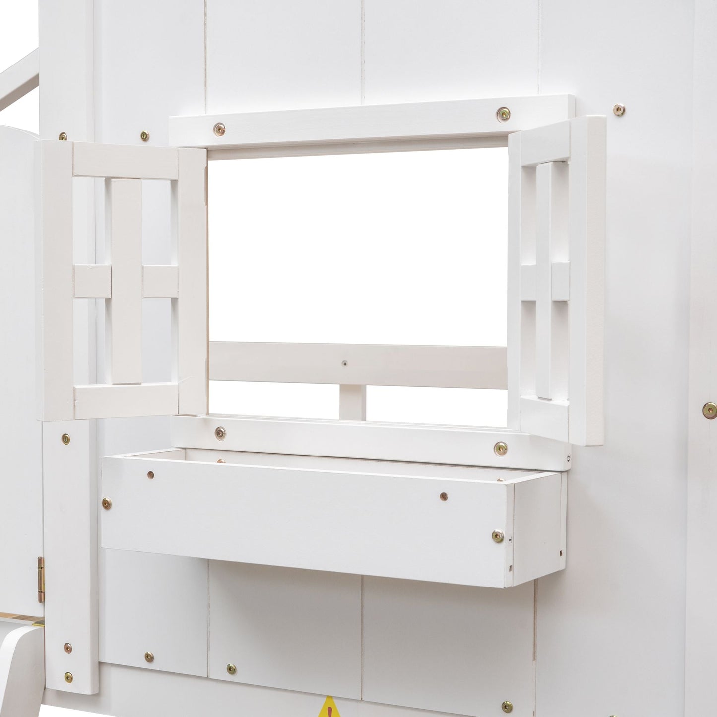 House-Style Twin Over Twin Wood Bunk Bed with Roof, Window, Door, and Ladder, Multiple Colors | Just Better Bunk Beds