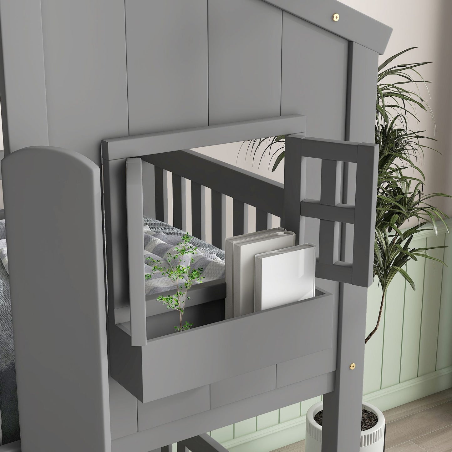 House-Style Twin Over Twin Wood Bunk Bed with Roof, Window, Door, and Ladder, Multiple Colors | Just Better Bunk Beds