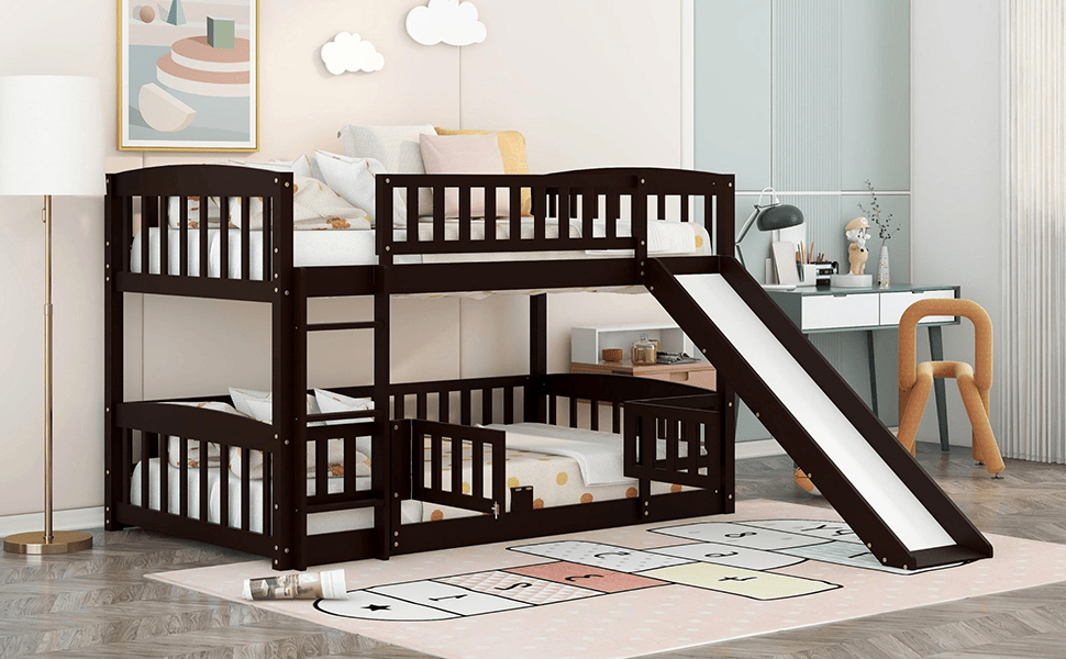 Kids Bedroom Twin Over Twin Wood Low Bunk Bed with Slide, Fence and Ladder, White | Just Better Bunk Beds