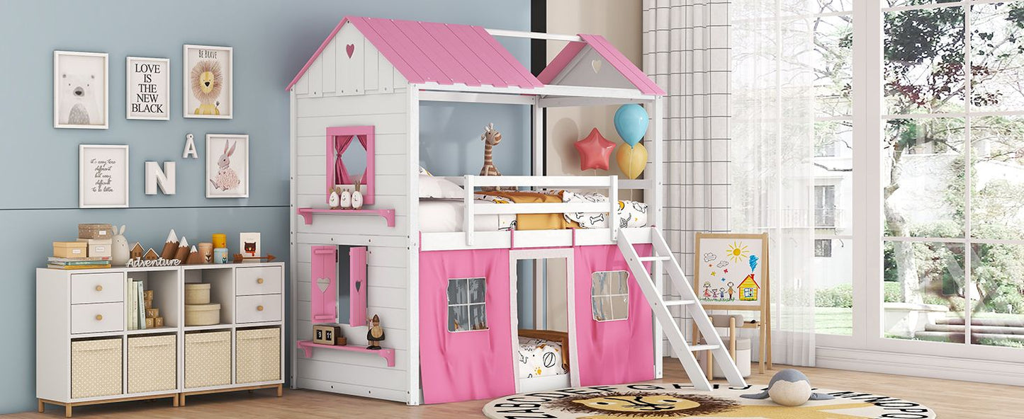 Kids Bedroom Twin Wood House-Style Bunk Bed with Elegant Windows, Sills and Tent, Pink and White | Just Better Bunk Beds