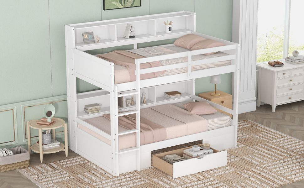Shared Room Solution Twin Wood Bunk Bed with Built-In Shelves and Storage, White | Just Better Bunk Beds