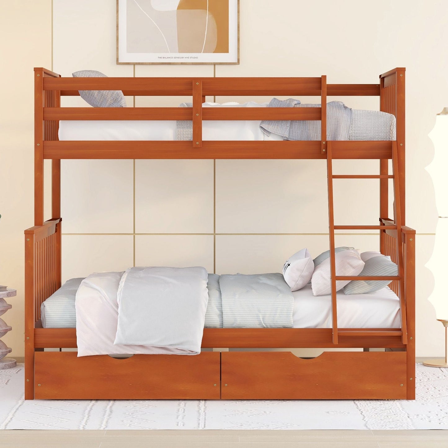 Space-Saving Twin Over Full Wood Bunk Bed with Ladders and Storage Drawers, Walnut | Just Better Bunk Beds