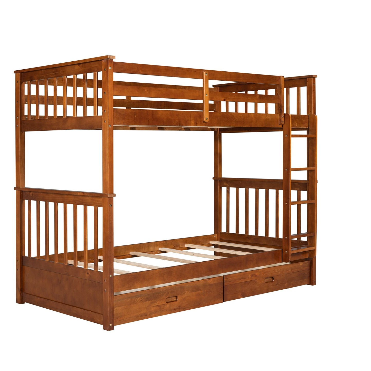 Organized Twin Over Twin Wood Bunk Bed with Ladders and Two Storage Drawers, Walnut | Just Better Bunk Beds