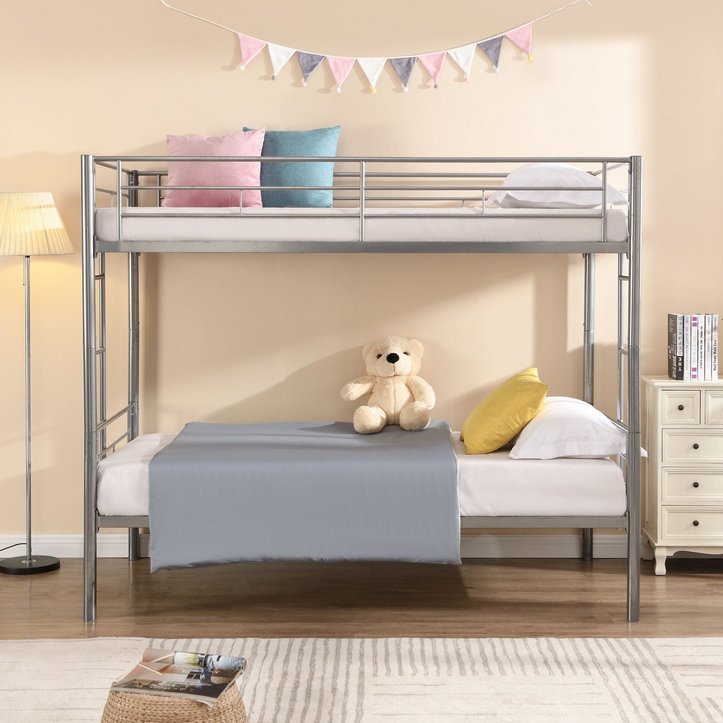 Shared Room Solution Twin Over Twin Metal Bunk Bed with 2 Ladders and Full-Length Guardrail, Black | Just Better Bunk Beds