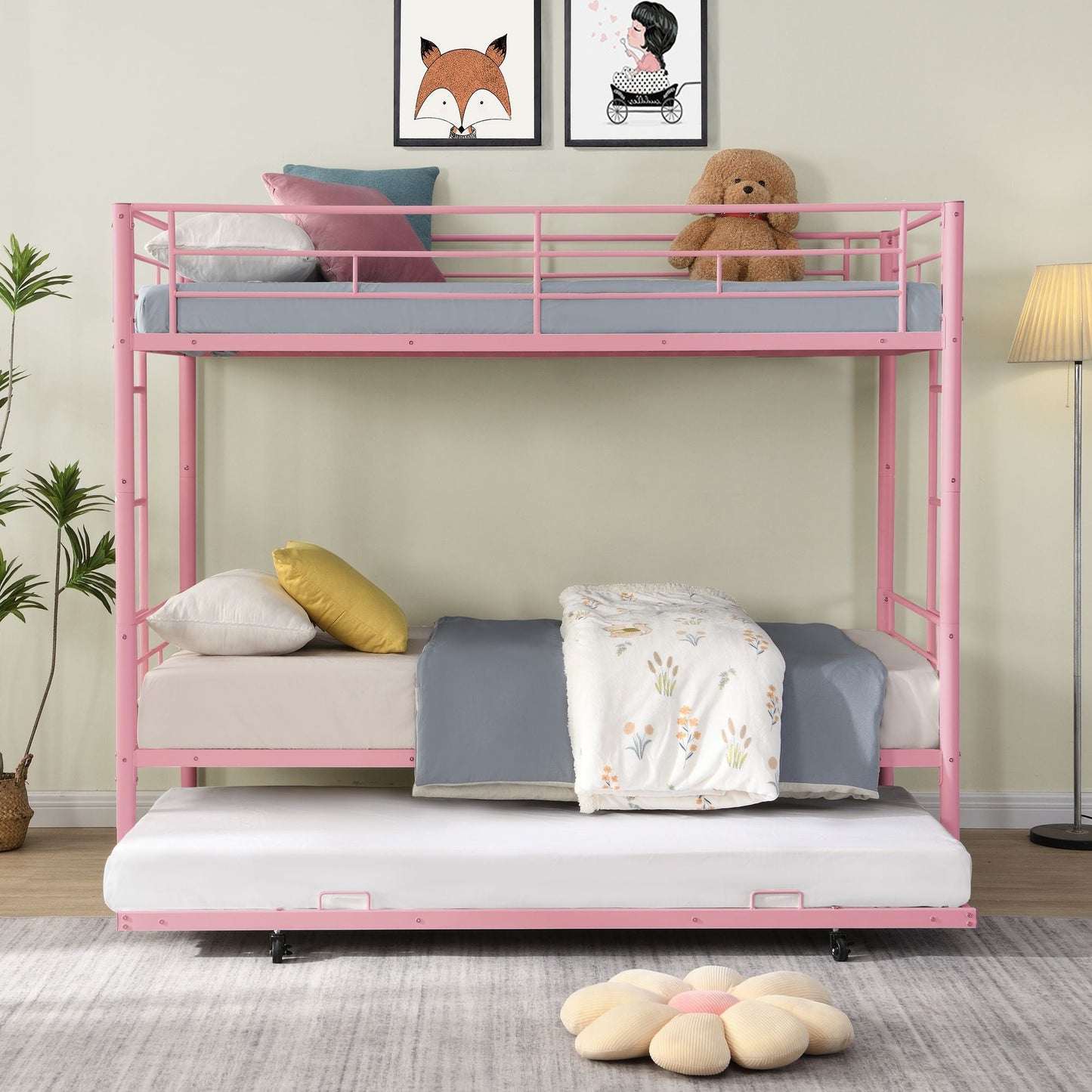 Heavy-Duty Twin Metal Bunk Bed with Trundle and Guard Rail, Multiple Colors | Just Better Bunk Beds