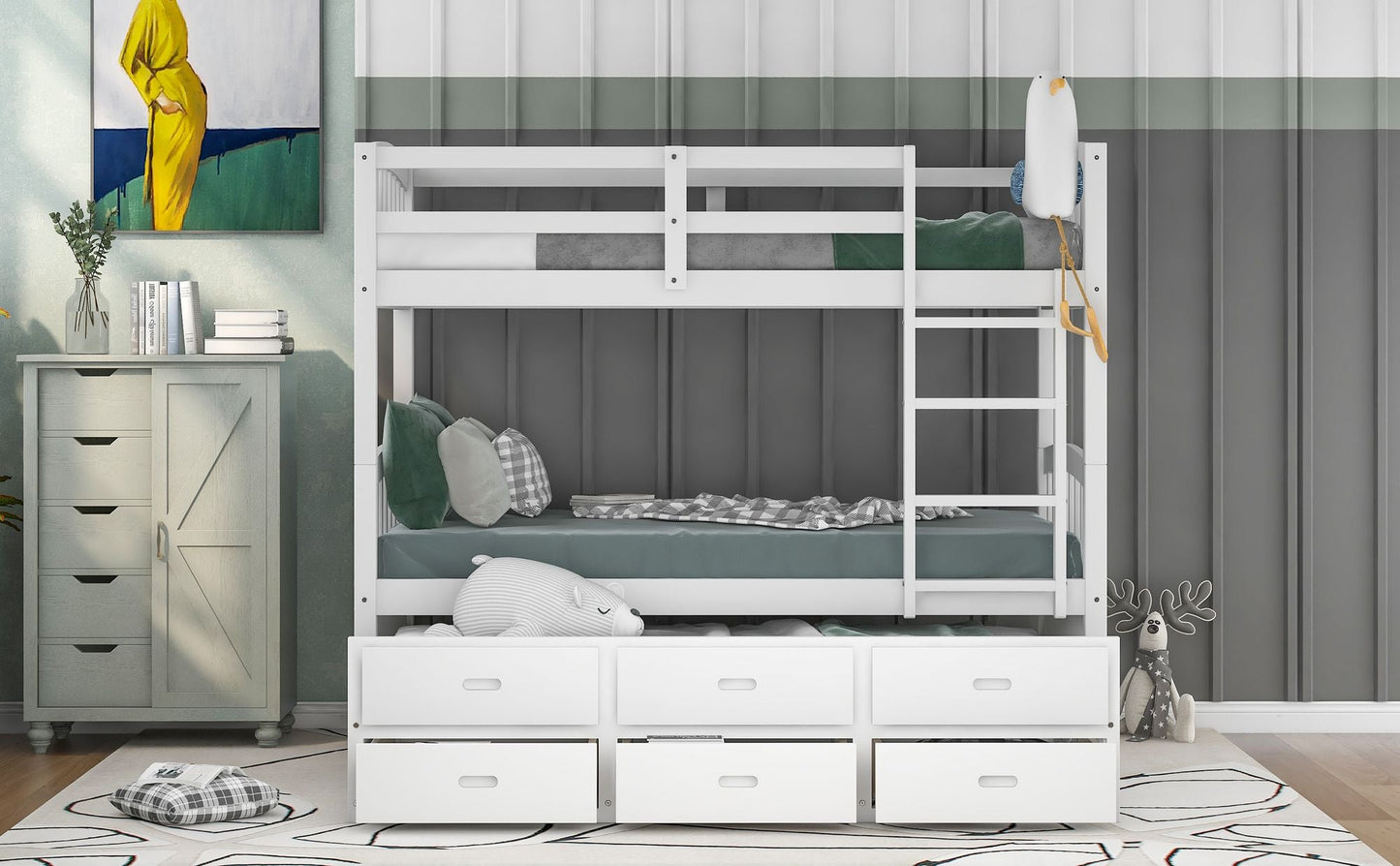 Space-Saving Twin Over Twin Wood Bunk Bed with Trundle and Drawers, White | Just Better Bunk Beds