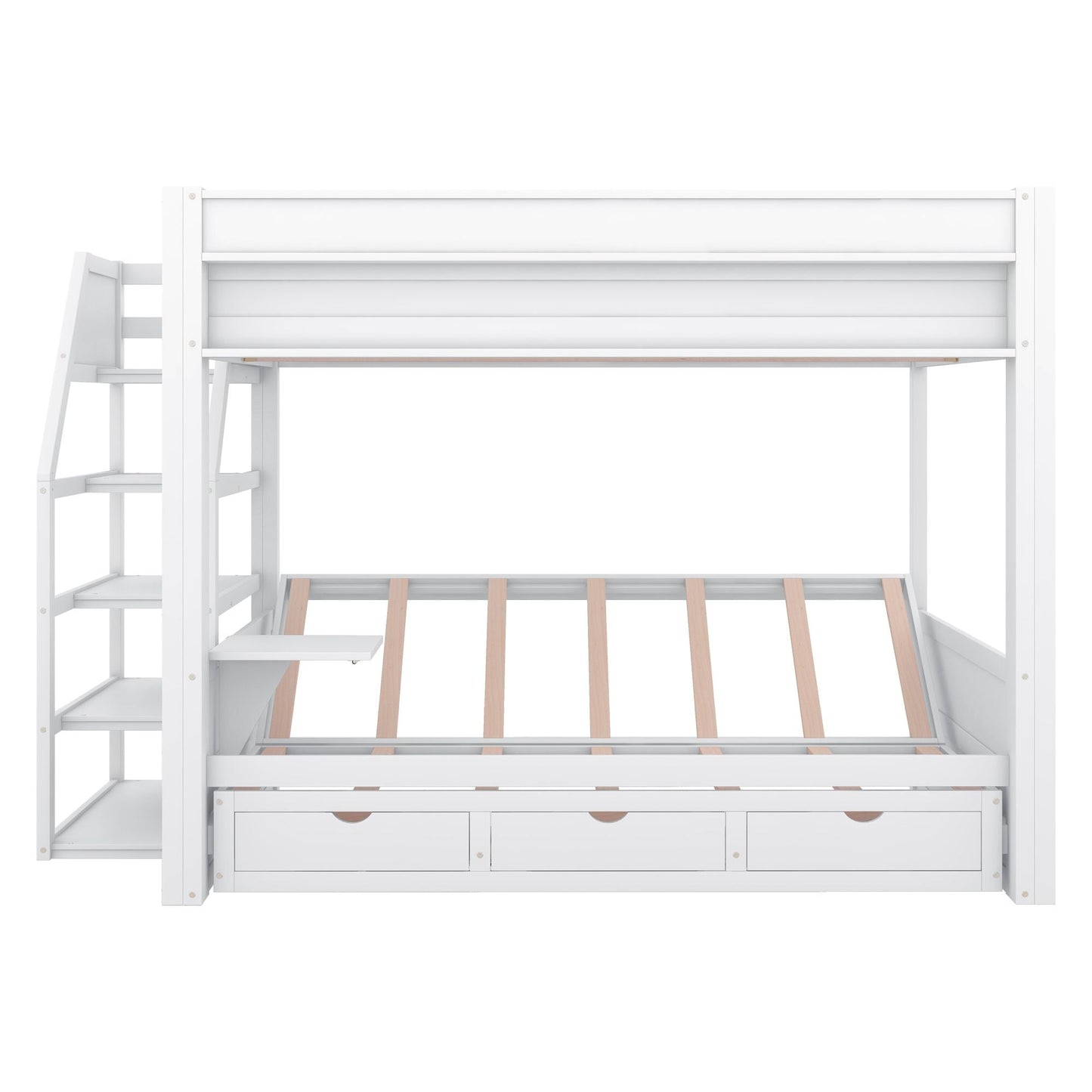 Convertible Full Wood Bunk Bed with Storage Staircase, Bedside Table, 3 Drawers, White | Just Better Bunk Beds