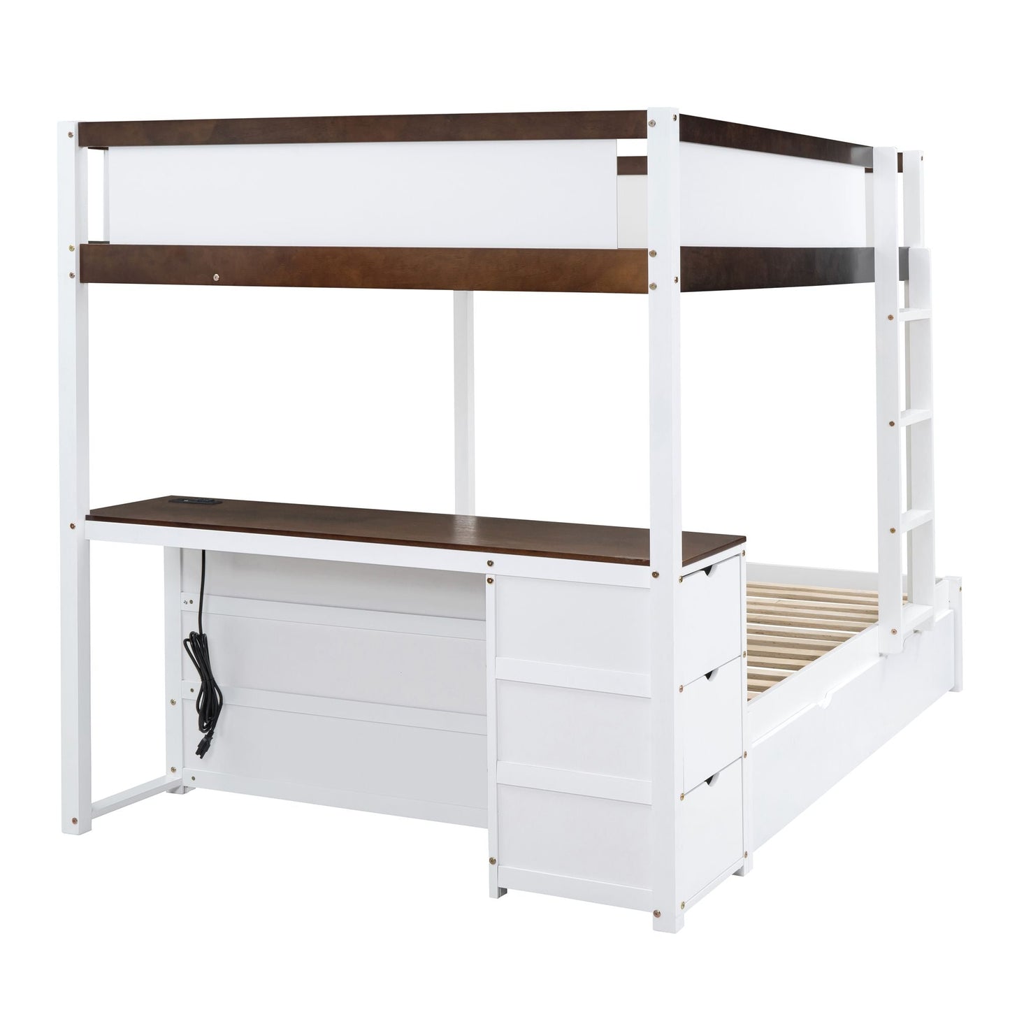 Shared Room Solution Full Over Full Wood Bunk Bed with Twin Trundle, Storage, Desk, White Walnut | Just Better Bunk Beds