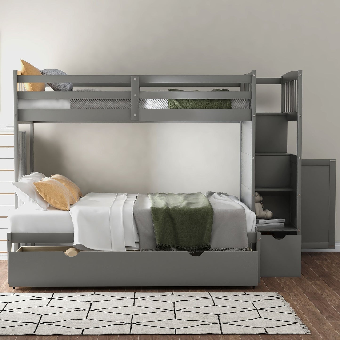 Convertible Twin Over Full/Twin Wood Bunk Bed with Storage Shelves and Drawers, Gray | Just Better Bunk Beds