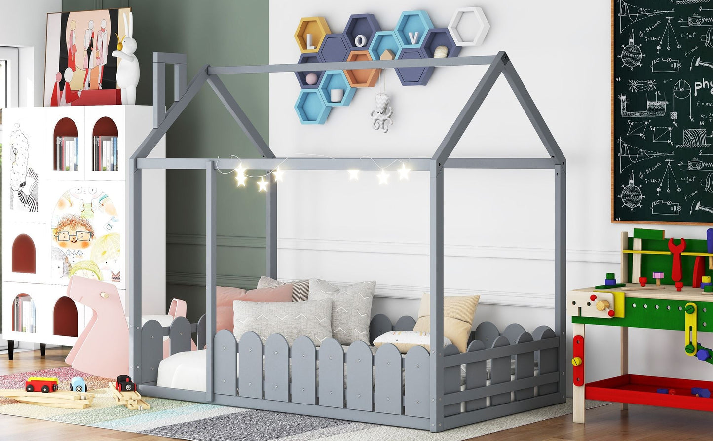 House-Style Twin Wood Bed Frame with Fence for Kids and Teens, Espresso, Gray, White | Just Better Bunk Beds