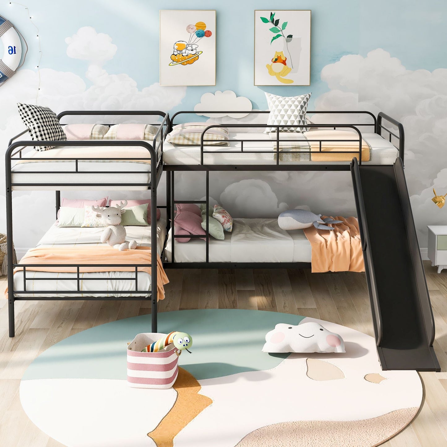 Twin Size L-Shaped Bunk Bed with Slide and Ladder,  Black