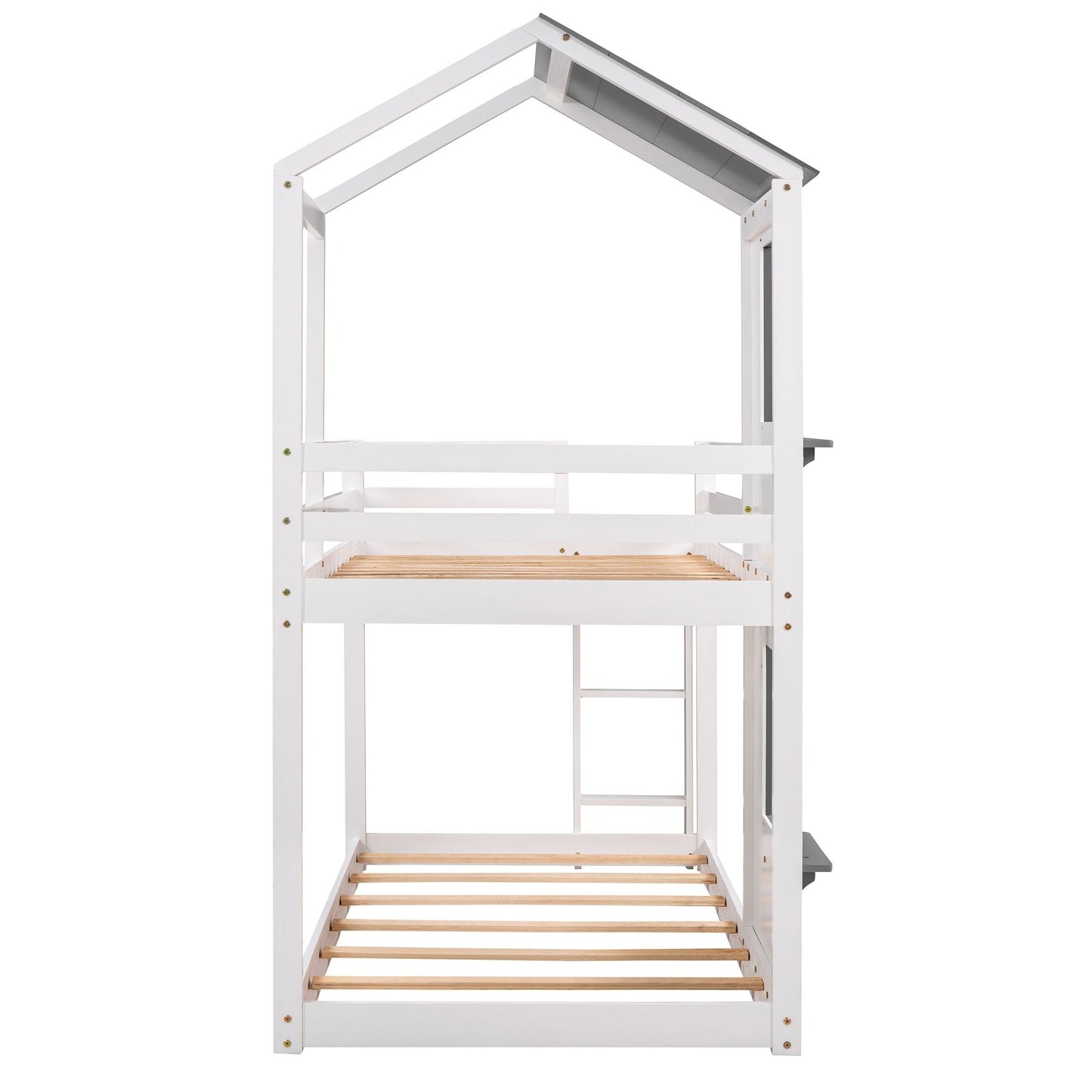 Kids Bedroom Twin Over Twin Wood Bunk Bed with Roof, Window, Guardrail, Ladder, White | Just Better Bunk Beds