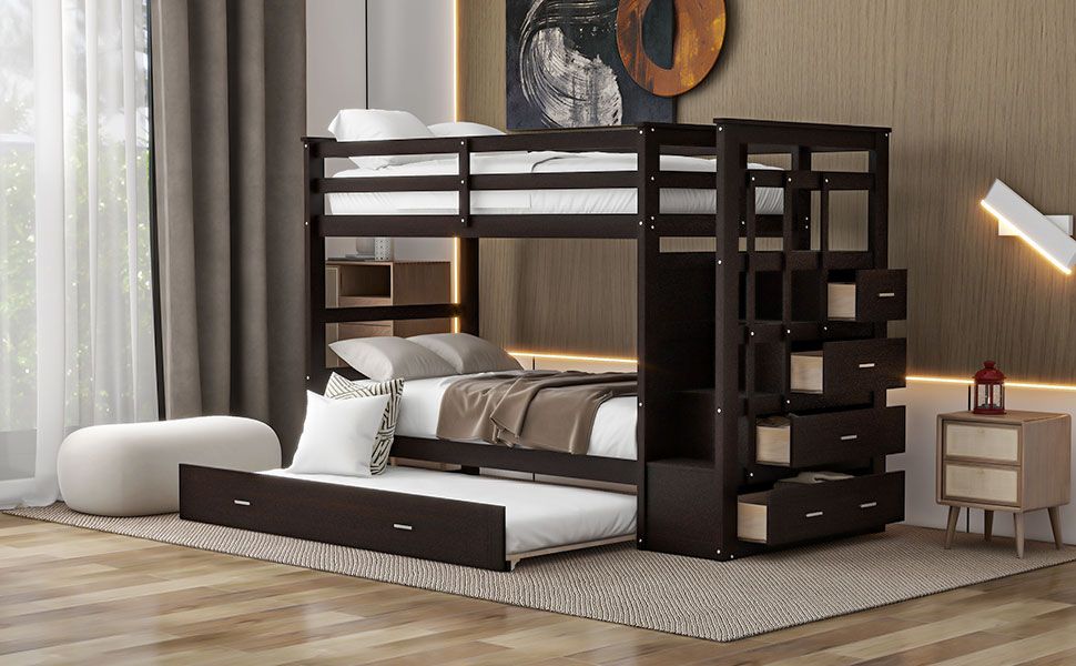 Shared Room Solution Twin Over Twin Wood Bunk Bed with Trundle and Staircase, Espresso | Just Better Bunk Beds