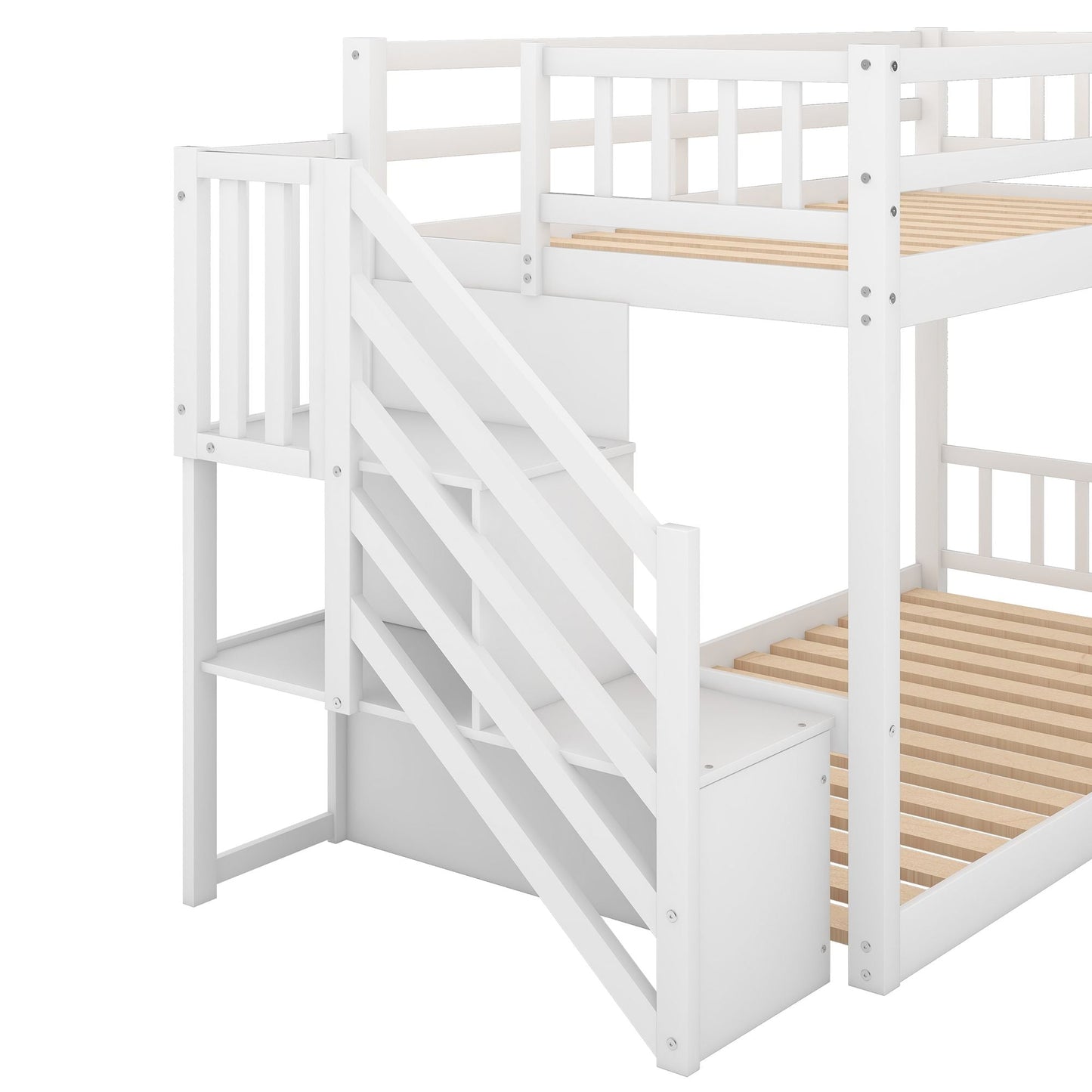 Floor-Level Twin Over Twin Wood Bunk Bed with Ladder and Storage, White | Just Better Bunk Beds