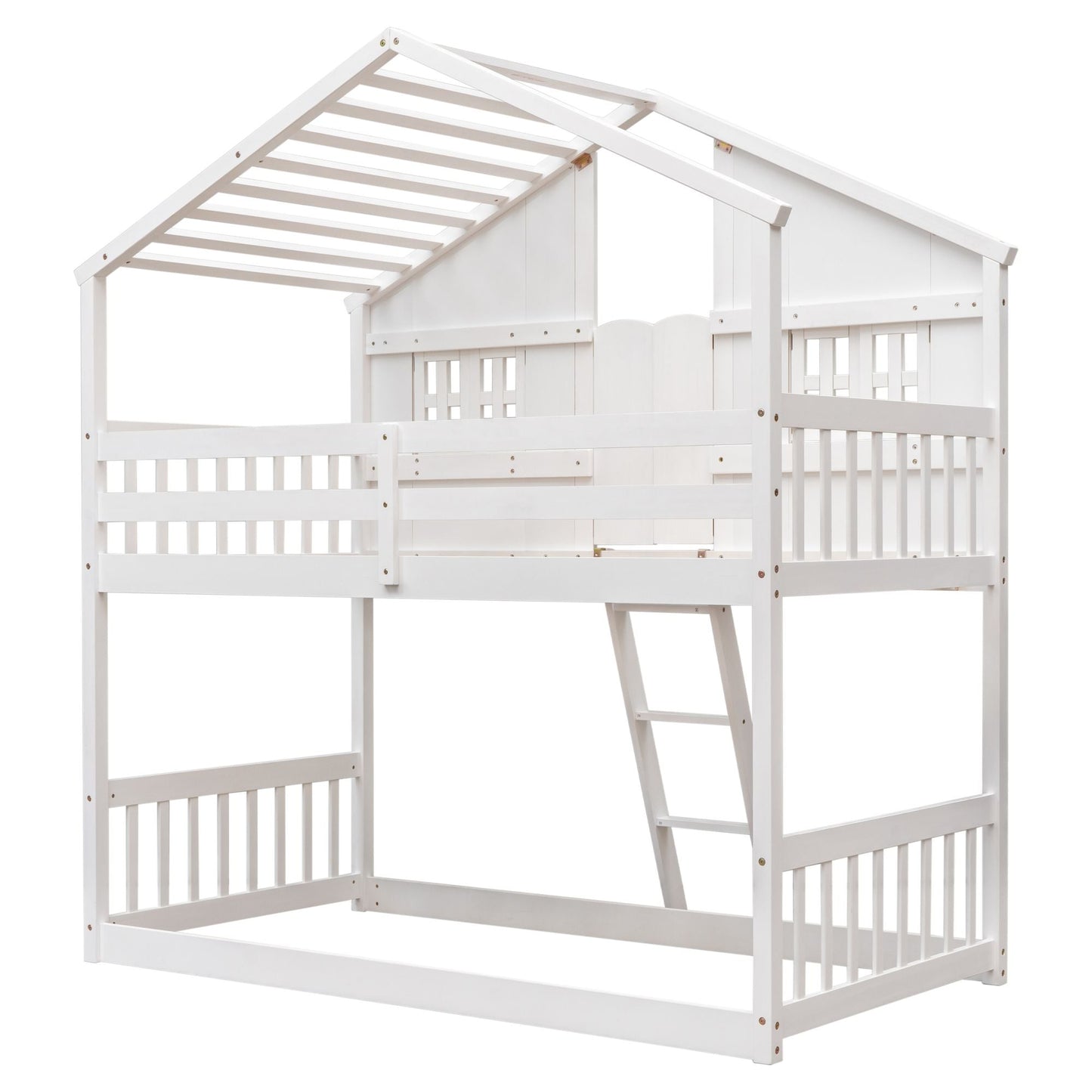 House-Style Twin Over Twin Wood Bunk Bed with Roof, Window, Door, and Ladder, Multiple Colors | Just Better Bunk Beds
