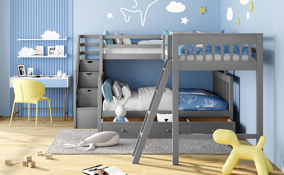 L-Shaped Twin Over Full Wood Bunk Bed with Drawers, Ladder and Staircase, Gray | Just Better Bunk Beds