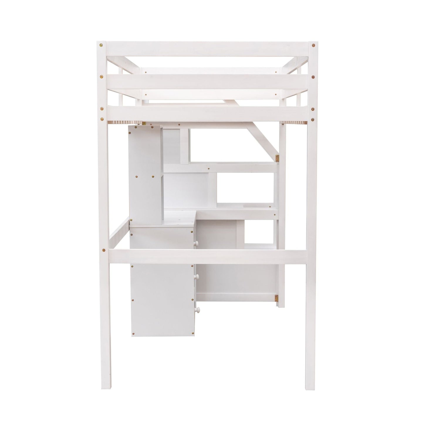 Space-Saving Twin Wood Loft Bed with Stand-Alone Bed, Storage Staircase, Desk, Shelves and Drawers, White | Just Better Bunk Beds