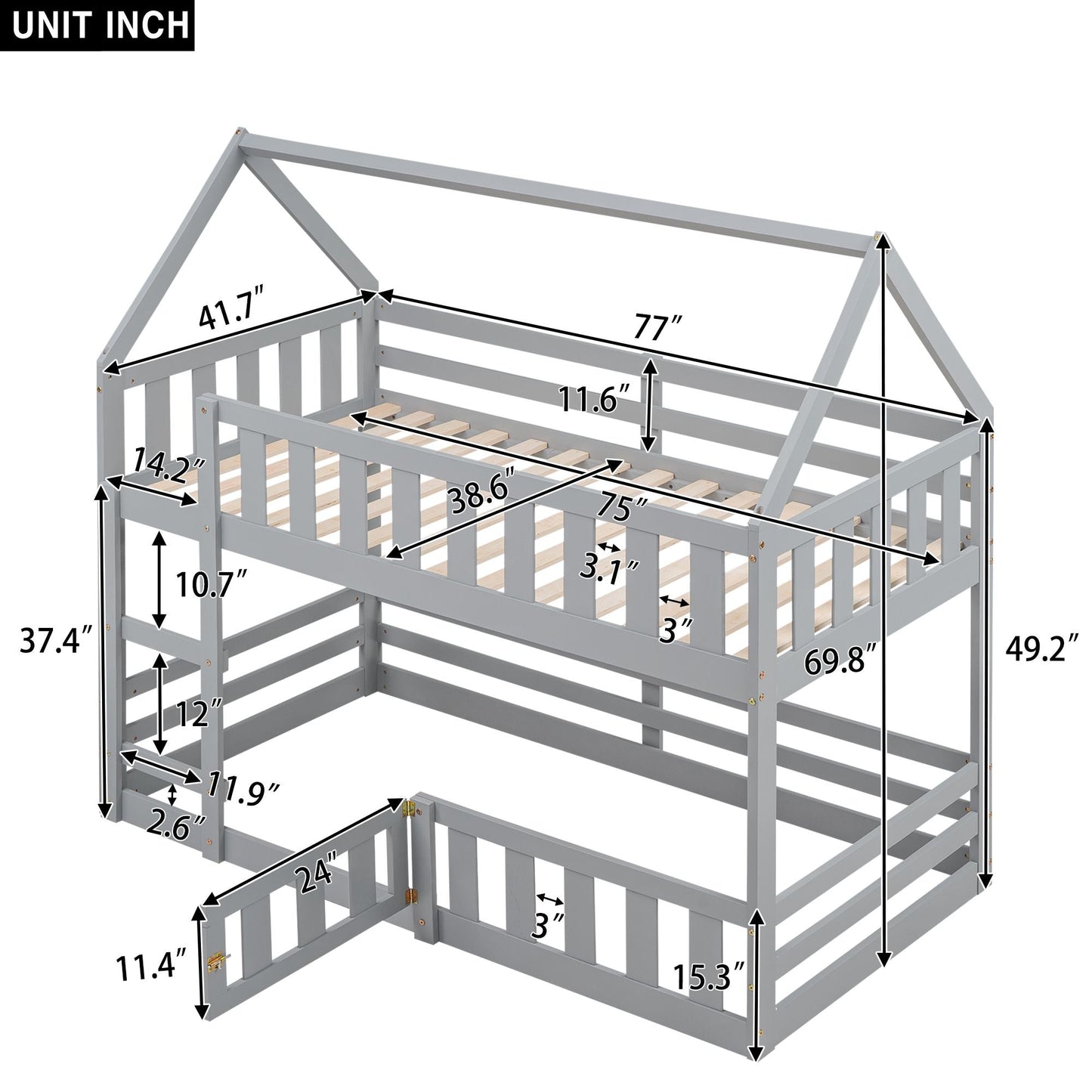 Kids Bedroom Twin Over Twin Wood House Bunk Bed with Fence and Door, Gray | Just Better Bunk Beds