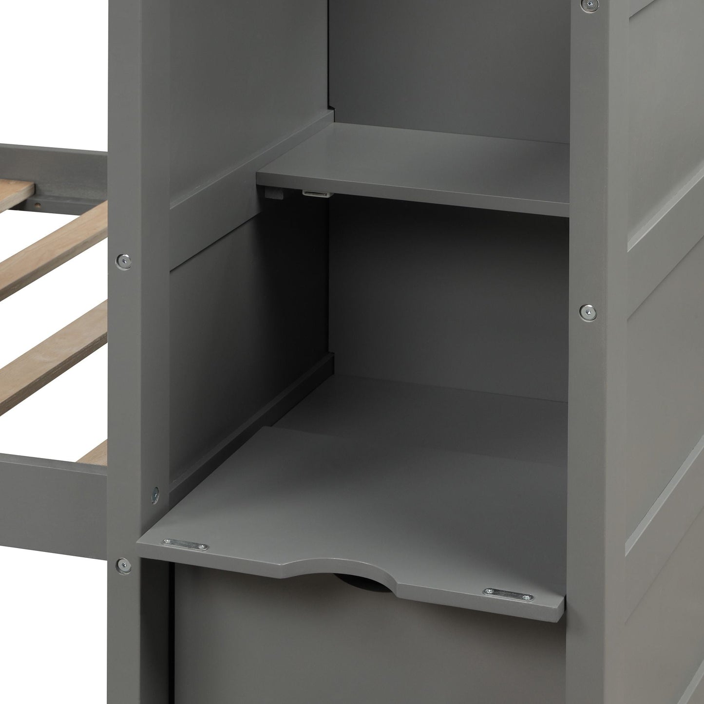 Convertible Twin Over Full/Twin Wood Bunk Bed with Storage Shelves and Drawers, Gray | Just Better Bunk Beds