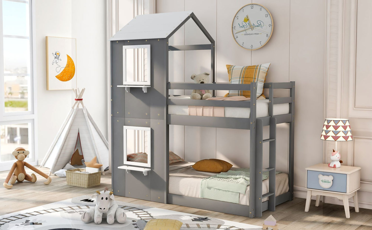 Twin Over Twin Bunk Bed Wood Bed with Roof,  Window,  Guardrail,  Ladder White