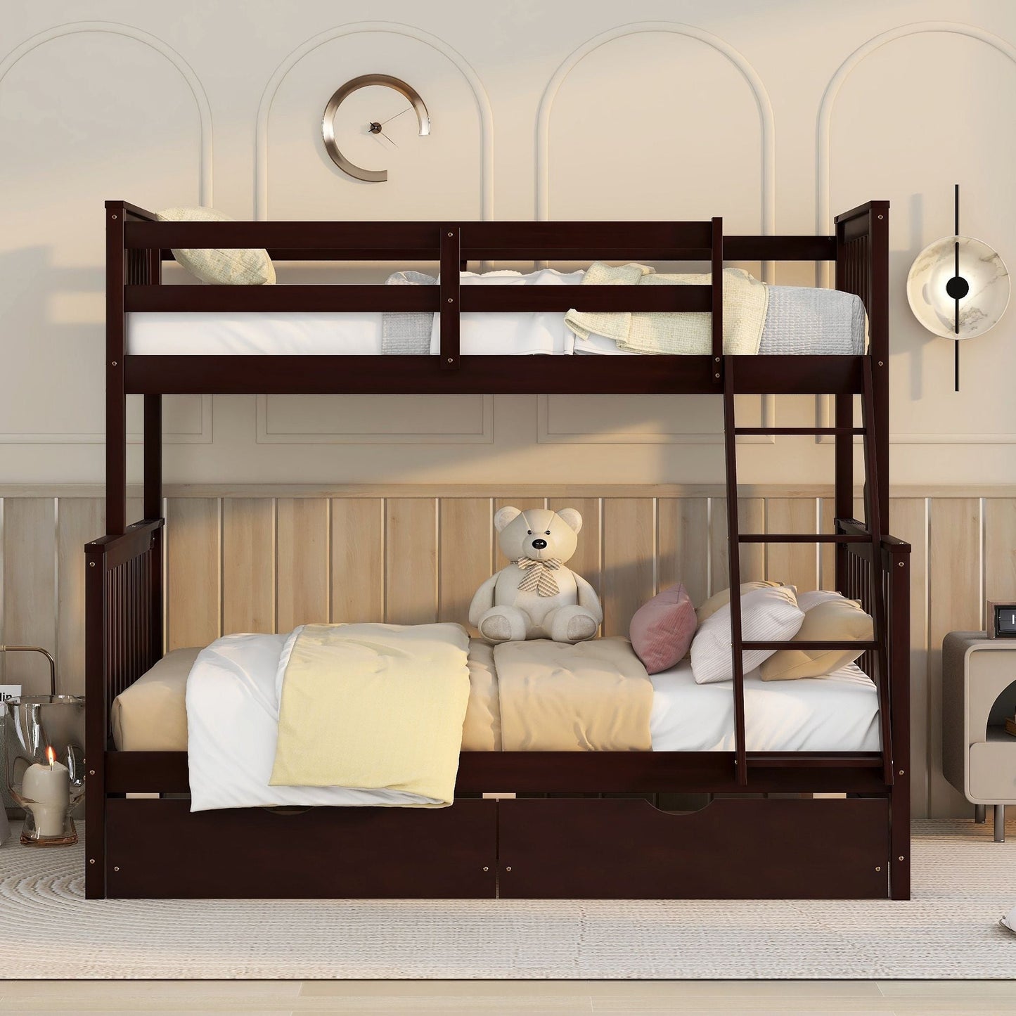 Heavy-Duty Twin Over Full Wood Bunk Bed with Ladders and Two Storage Drawers, White | Just Better Bunk Beds