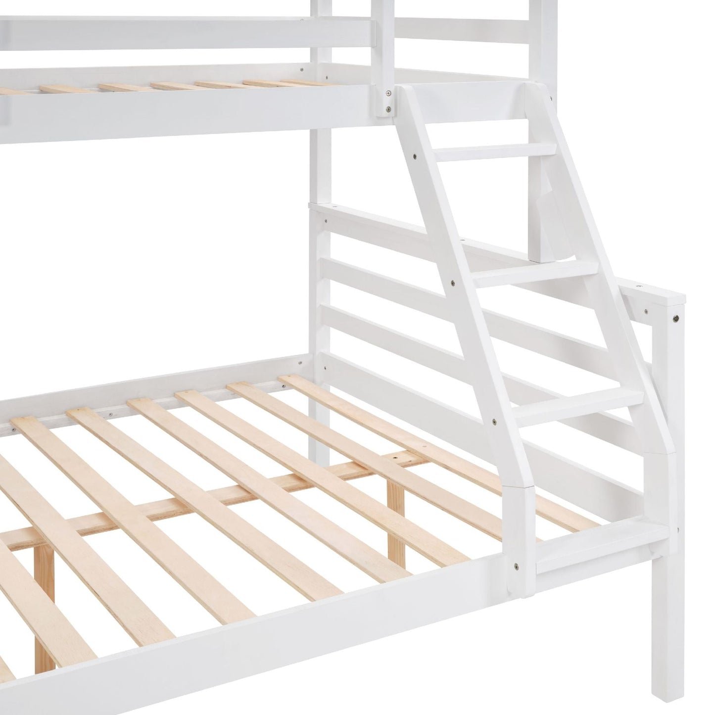 Shared Room Solution Twin Over Full Wood Bunk Bed, White with Ladder and High Guardrail | Just Better Bunk Beds