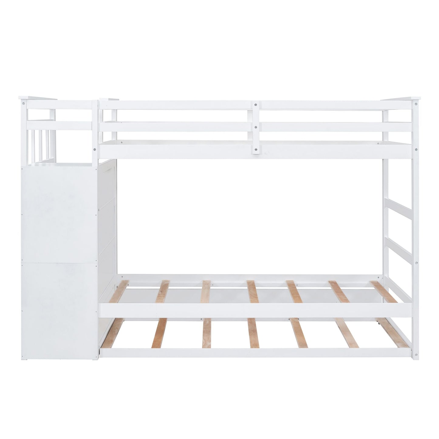 Shared Room Solution Twin Over Twin Wood Bunk Bed with Trundle and Staircase, White | Just Better Bunk Beds