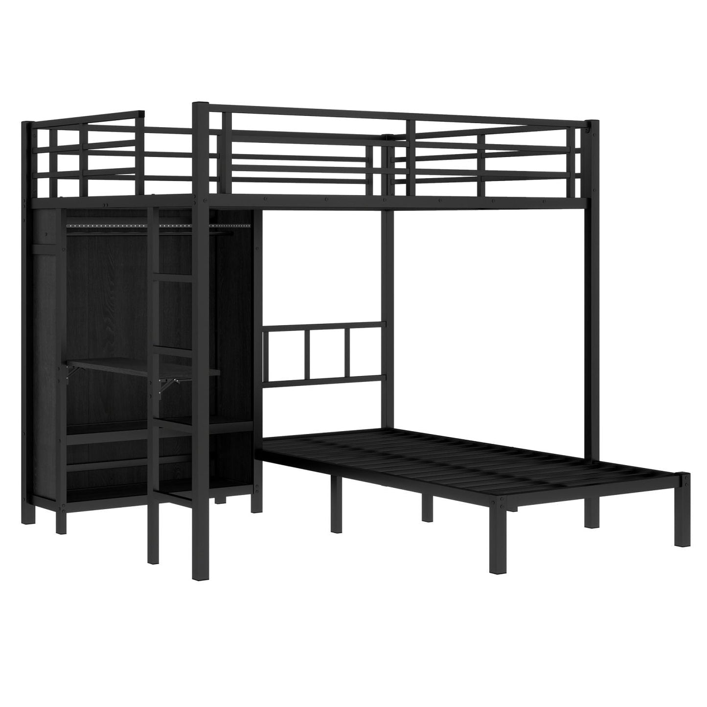 Space-Saving Full XL Over Twin Metal Bunk Bed with Folding Desk and LED Closet, Black | Just Better Bunk Beds