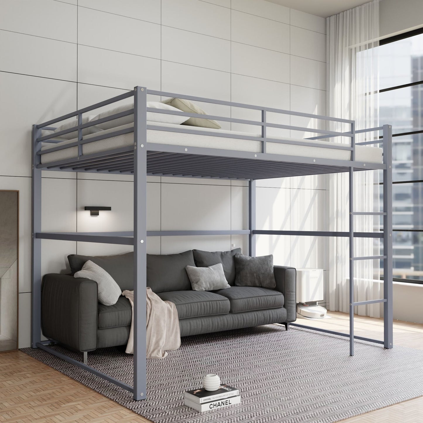 Heavy-Duty Full Metal Loft Bed with Guard Rails and Ladder, Gray | Just Better Bunk Beds
