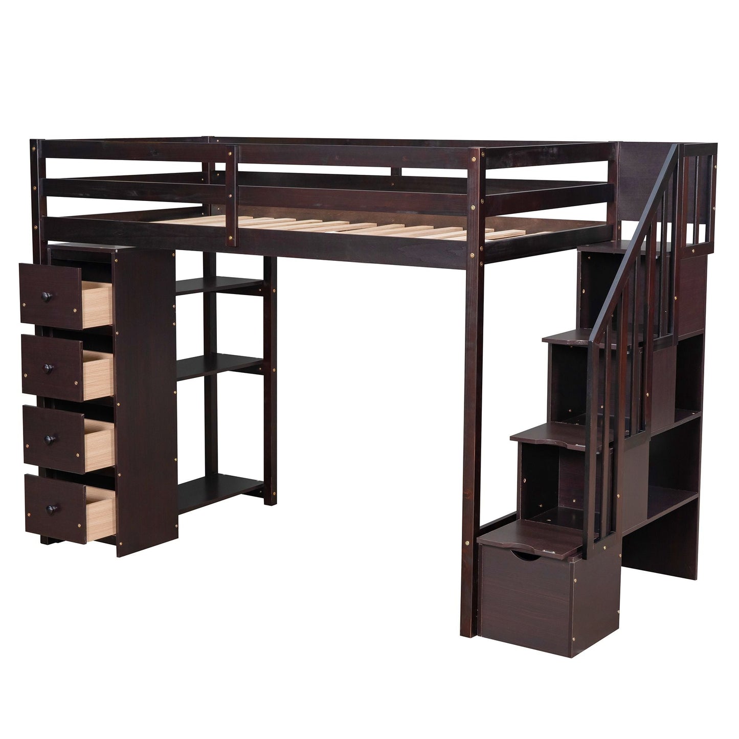 Kids Bedroom Twin Wood Loft Bed with Storage Drawers and Stairs, Espresso | Just Better Bunk Beds