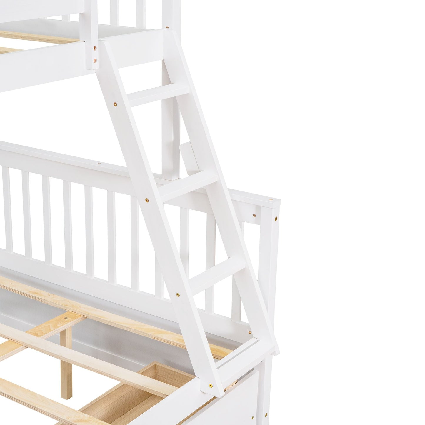 Heavy-Duty Twin Over Full Wood Bunk Bed with Ladders and Two Storage Drawers, White | Just Better Bunk Beds