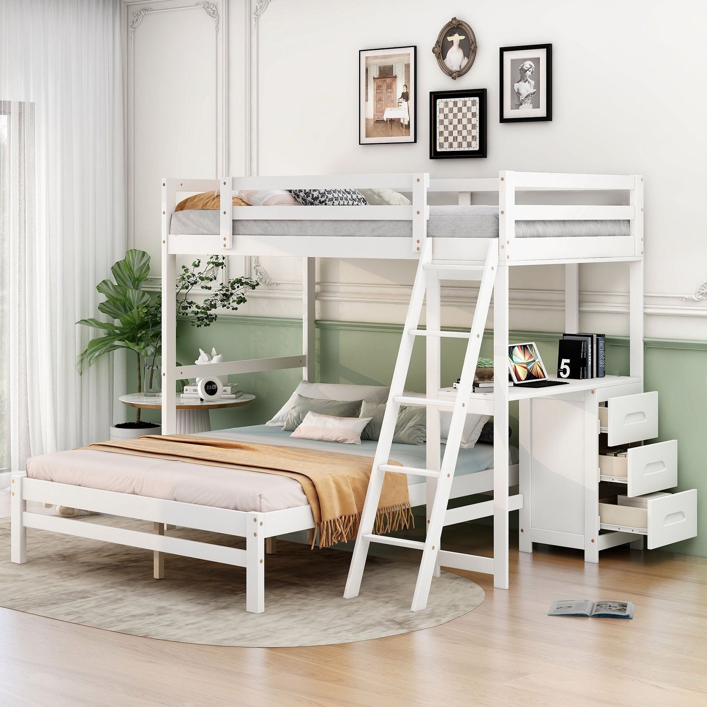 Space-Saving Twin Over Full Wood Bunk Bed with Built-In Desk and Three Drawers, White | Just Better Bunk Beds