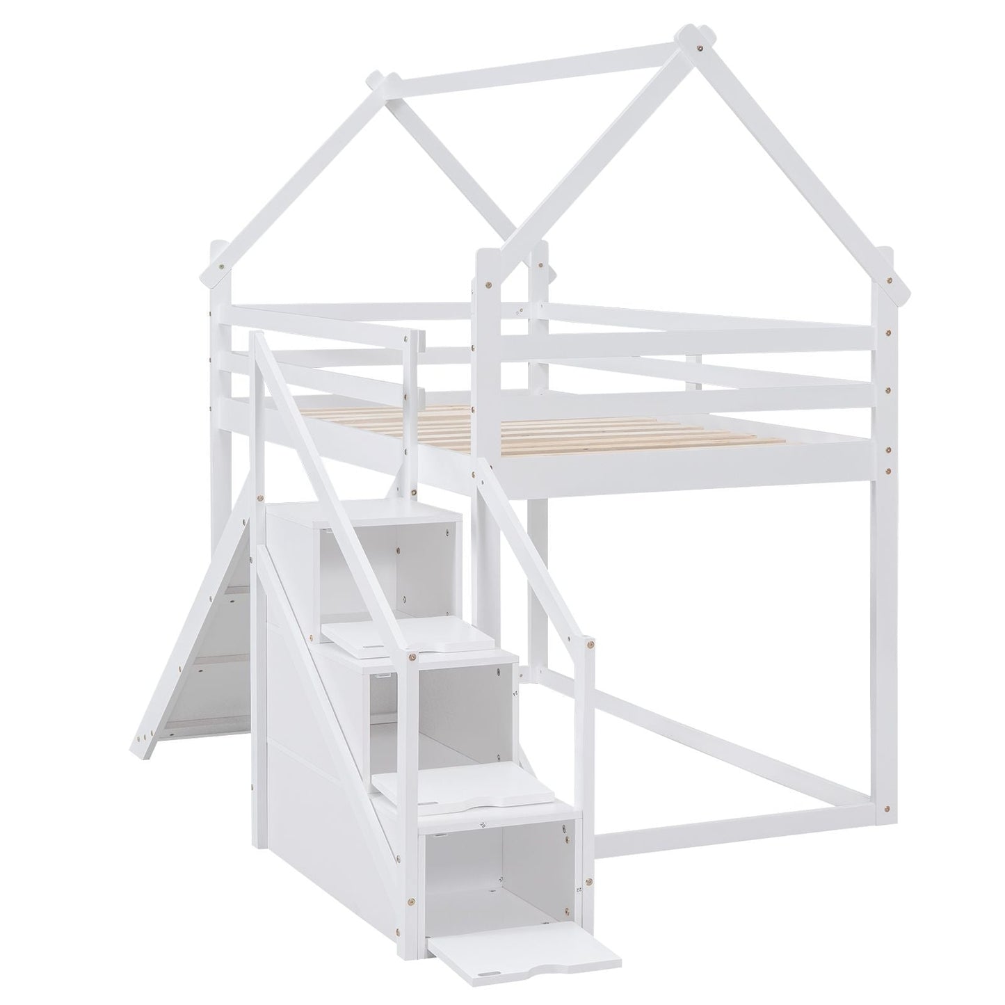 Kids Bedroom Twin Over Twin Wood House Loft Bed with Slide and Staircase, White | Just Better Bunk Beds
