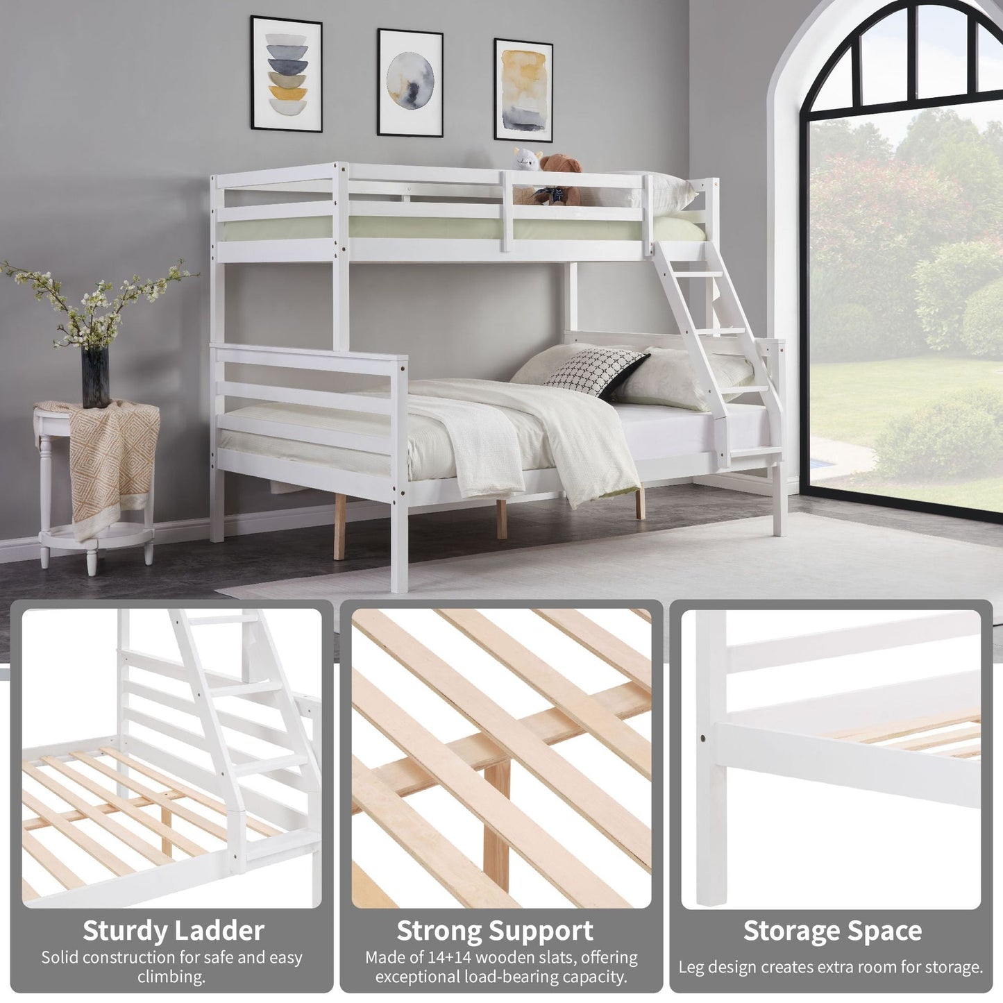 Shared Room Solution Twin Over Full Wood Bunk Bed, White with Ladder and High Guardrail | Just Better Bunk Beds