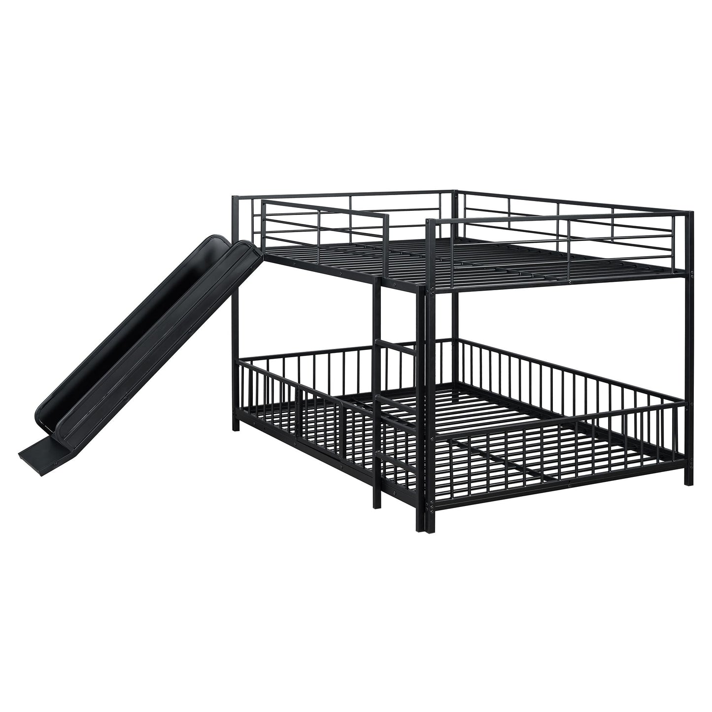 Full over Full Size Metal Bunk Bed with Slide and Guardrails,  Black
