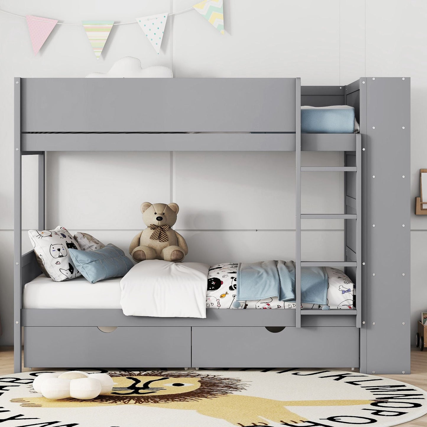 Twin over Twin Bunk Bed With 2 Drawers and Multi-layer Cabinet,  Gray